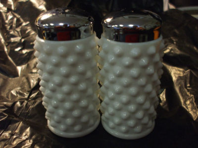 Marked Fenton Milk Glass Hobnail Salt Pepper Shakers Metal Caps