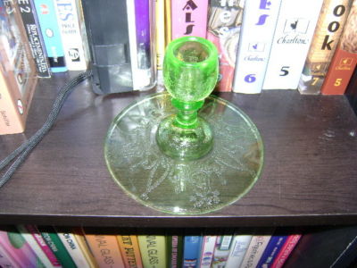 Hocking Cameo Ballerina Candlesticks Vaseline Green Depression Pair