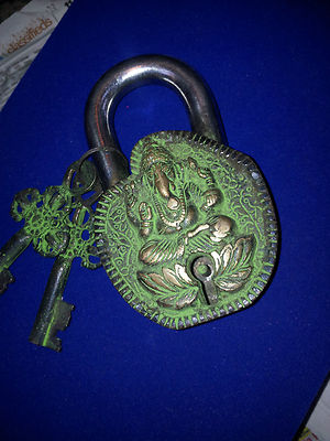 BRASS DOOR PAD LOCK ANTIQUE ENGRAVED LORD GANESHA FIGURE VINTAGE