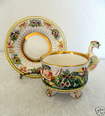 Vtg Capodimonte Tea Demitasse Cup Saucer Set Bird Crane Goddess Nude