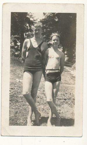 Vintage photo, 2 young teen boys, old tyme swim suits -- Antiqu