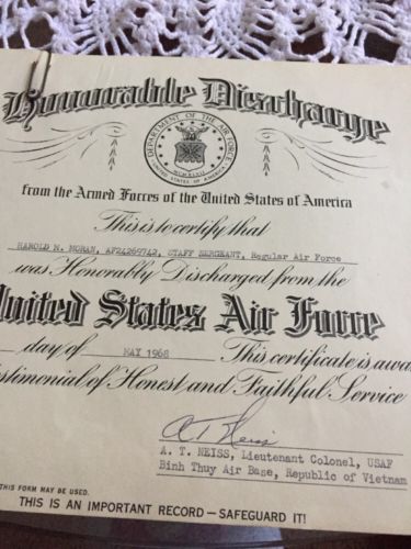 United States Air Force Honorable Discharge Harold Moran