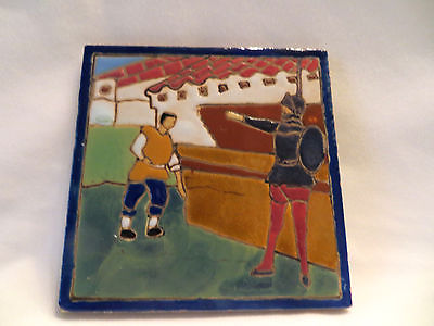 Vintage Don Quixote Sancho Panza Hand Painted Ceramic Tile Antique