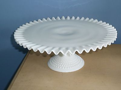 Vintage Fenton Hobnail Pedestal Cake Stand Plate White Milk Glass