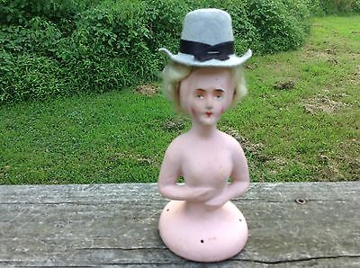 Antique Composition Plaster French Nude Half Doll Pincushion Doll Hat