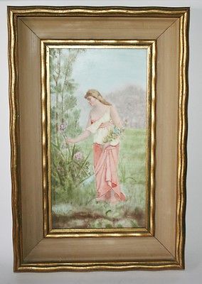 Antique Hand Painted Porcelain Plaque Landscape Semi Nude Woman With