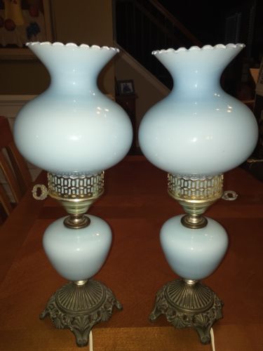 Vintage FENTON Milk GLASS Blue HURRICANE Parlor LAMP Set LOT Brass