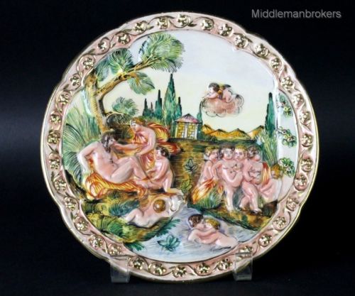 Vtg Ardalt Capodimonte Italy Bacchus Nude Cherub Painted Porcelain Wall