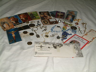 Vintage Religious Lot Of Rosaries Medals Pendants Cards Key Chain