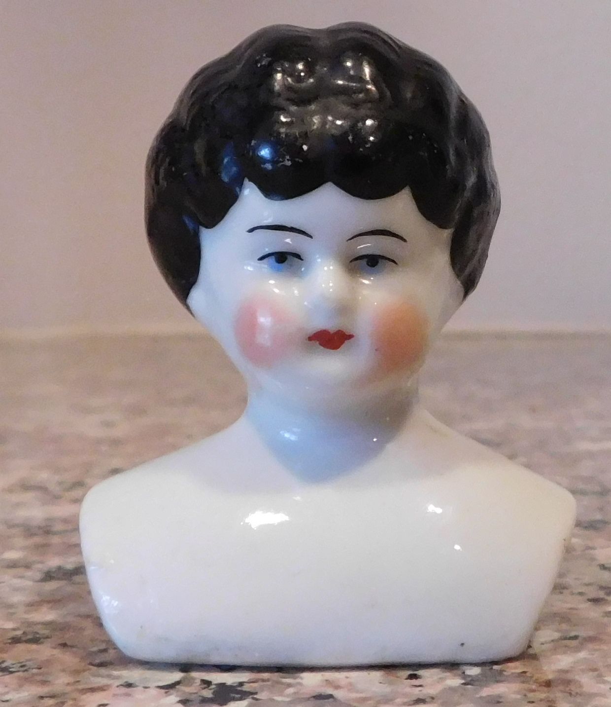 Antique Germany Small Glazed China Doll Head Black Hair Low Brow