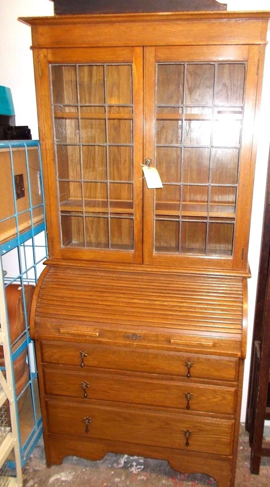 Antique Oak Secretary Roll Top Desk With Leaded Glass Upper Doors Ex Condition Antique Price 8549