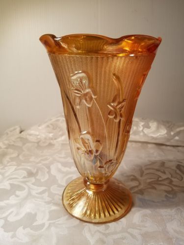 Jeanette Iris And Herringbone Iridescent Marigold Carnival Glass