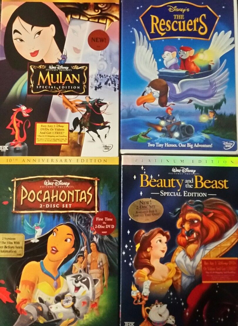 5 Classic Disney DVDs Mulan Rescuers Beauty The Beast Pocahontas Snow