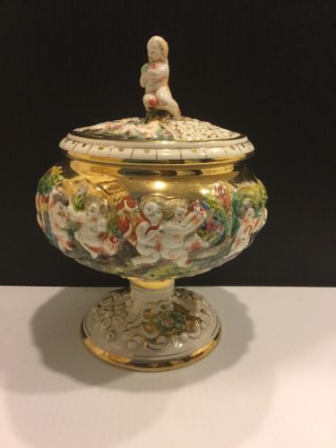 Collectible Vintage Capodimonte Urn Vase With Lid Nude Figures Gold