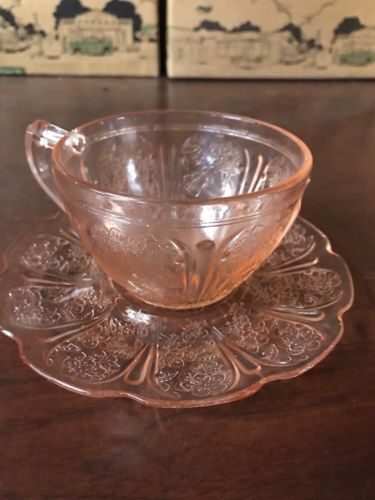 Vintage Pink Depression Glass Tea Coffee Cup Saucer Floral Cherry