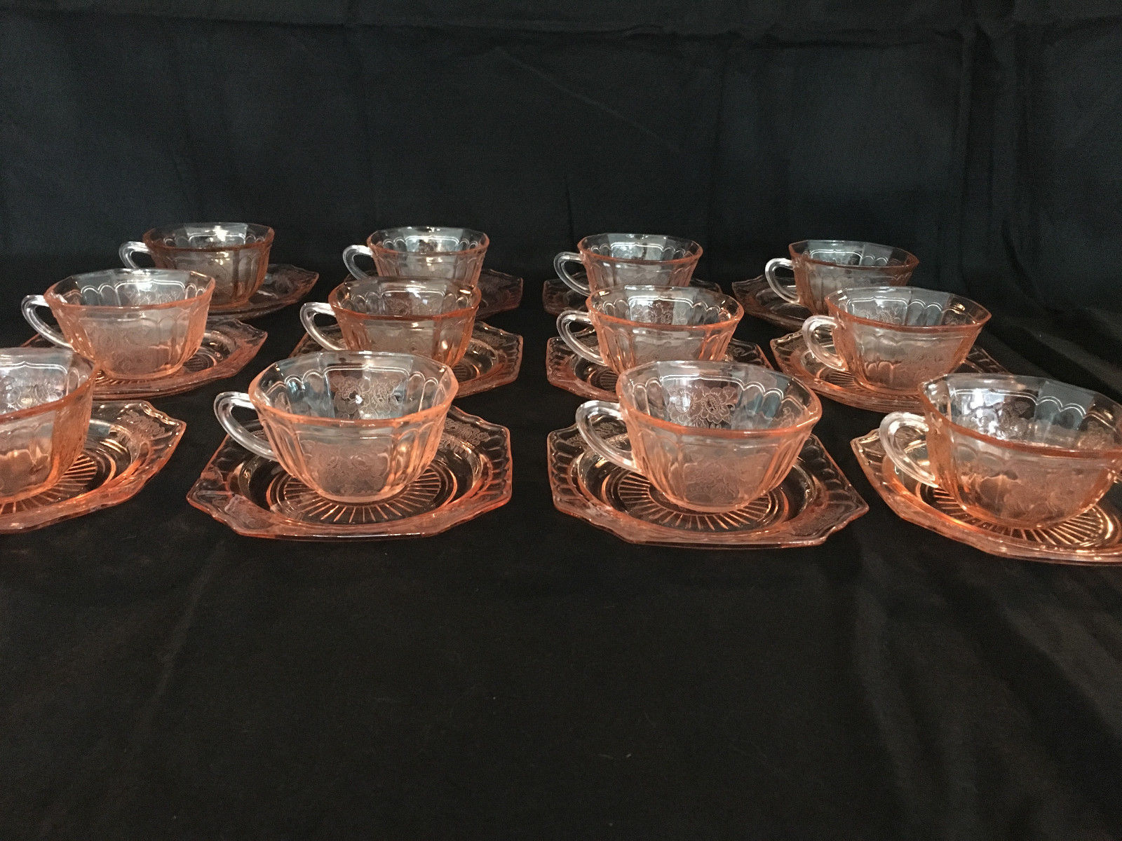 Set Of 12 Pink Depression Glass Tea Cups Saucers Mayfair Open Rose