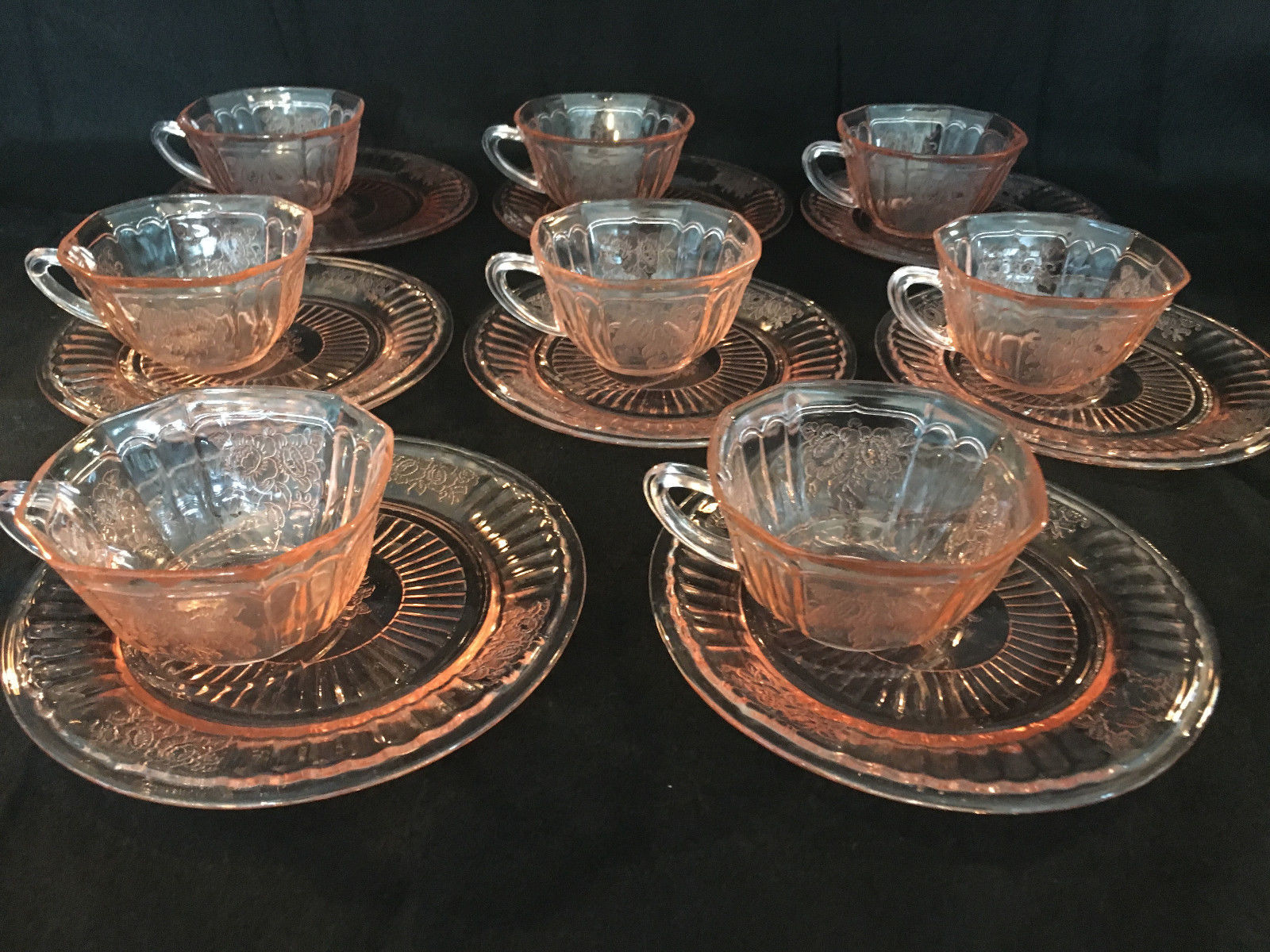 Rare Set Of 8 Pink Depression Glass Tea Cups Saucers W Rings Mayfair