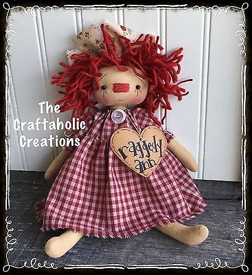 Primitive RAGGEDY ANN Doll ANNIE Red Check Homespun TAG Every Day