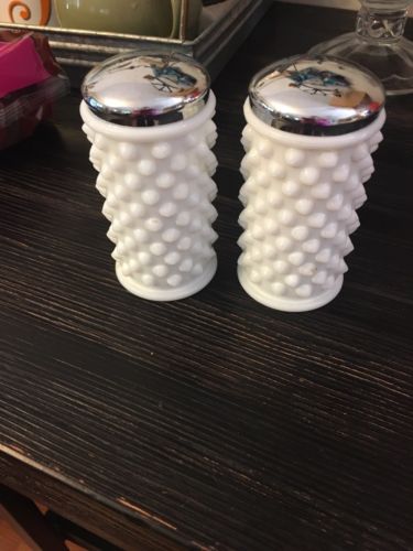 VINTAGE FENTON MILK GLASS HOBNAIL SALT PEPPER SHAKERS WITH CHROME