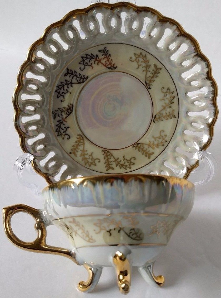 Vintage Footed Tea Cup Teacup Saucer Gold Trim Iridescent Irridescent