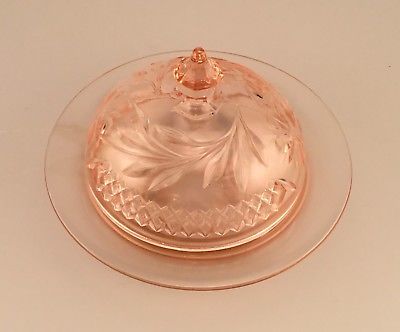 Rare Floral And Diamond Band Pink Depression Glass Covered Butter Dish