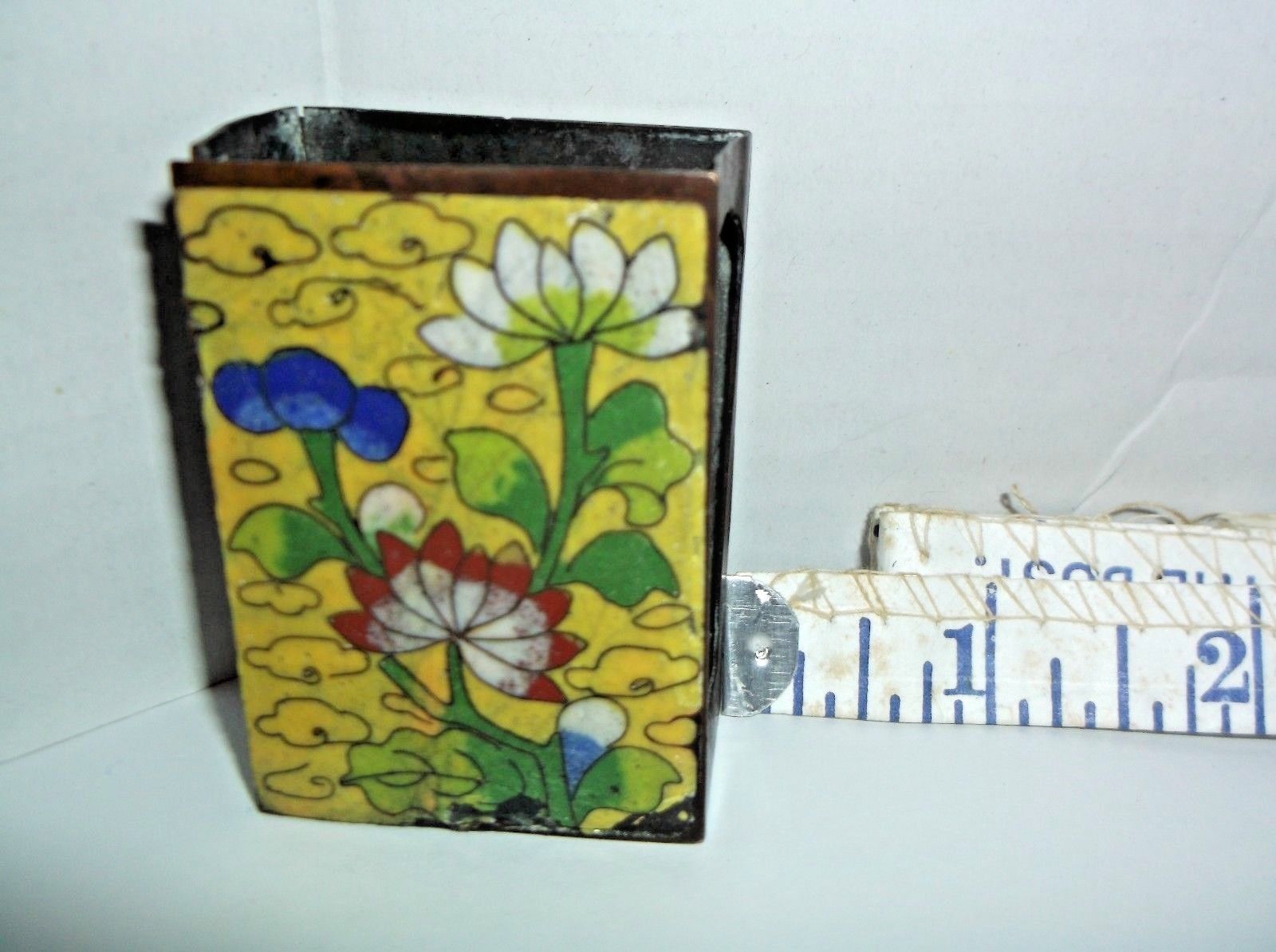 Antique Cloisonne Mosaic Brass Enamel Match Box Cover Safe Holder Asian