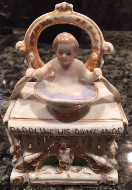 Antique Victorian Porcelain Fairing Trinket Box Baby Paddling His Own