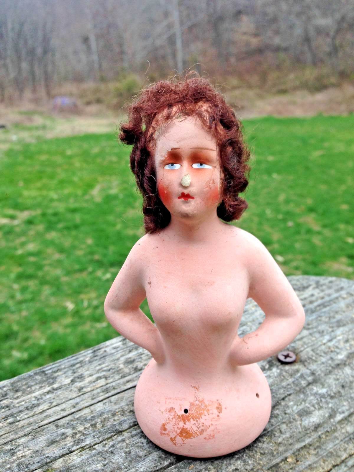 Antique German Paper Mache Nude Half Doll Boudoir Pincushion Doll