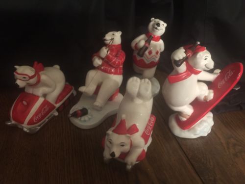 5 Adorable 1995 Coca Cola Polar Bears Figurines Discontinued Antique