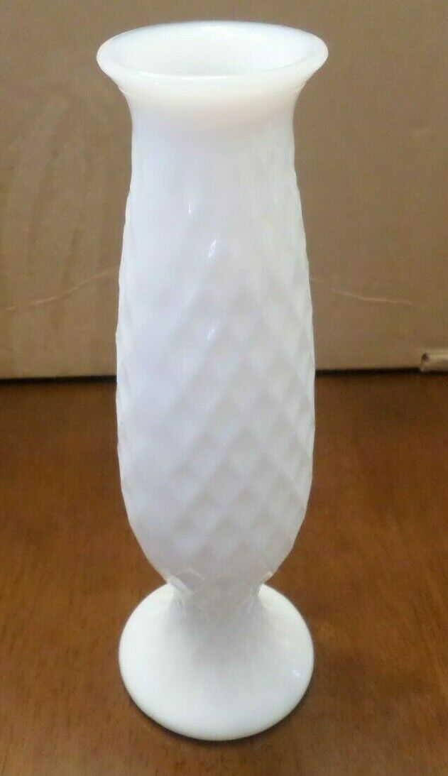 Vintage E O Brody Co Milk Glass Flower Vase Diamond Pattern