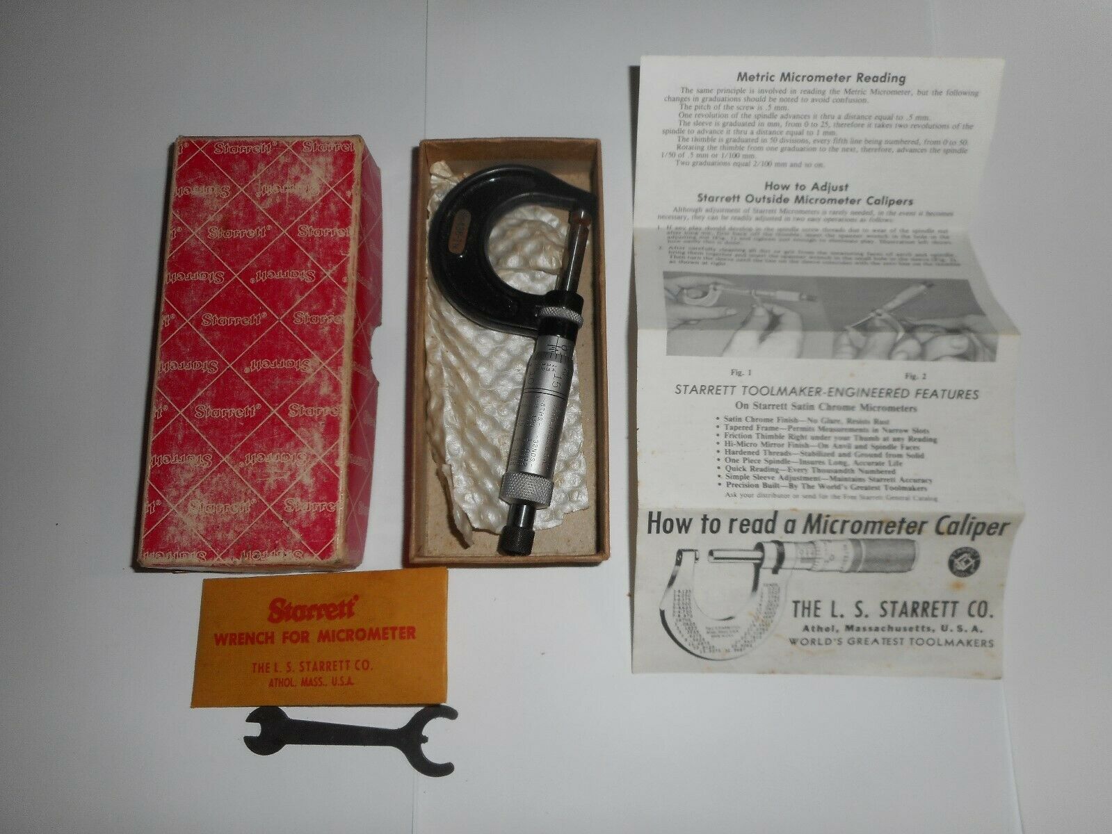 Vtg The L S Starrett Co Micrometer Caliper Orginal Box Paperwork No