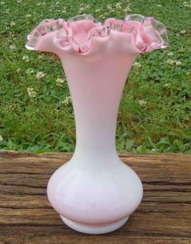 Vintage Fenton Peach Crest Double Crimped Pink And White Milk Glass