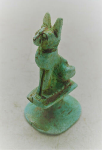 CIRCA 664 332BCE ANCIENT EGYPTIAN GLAZED FAIENCE BASTET SEAL STAMP