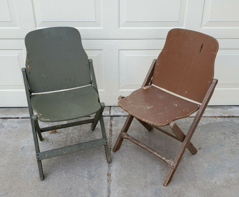 2 Vintage Army Issue Folding Chairs WWII American Seating Co Antique