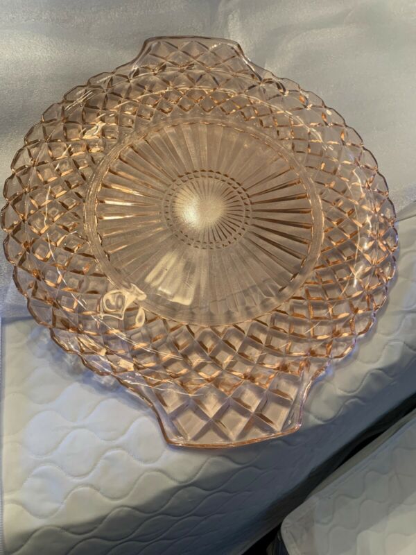 Vintae Pink Depression Glass Diamond Cut Platter Cake Plate With