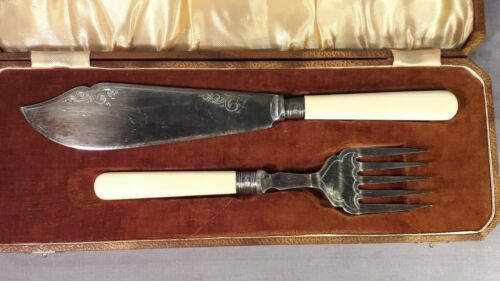 Antique Large Fish Knife And Fork Serving Set With Sterling Silver