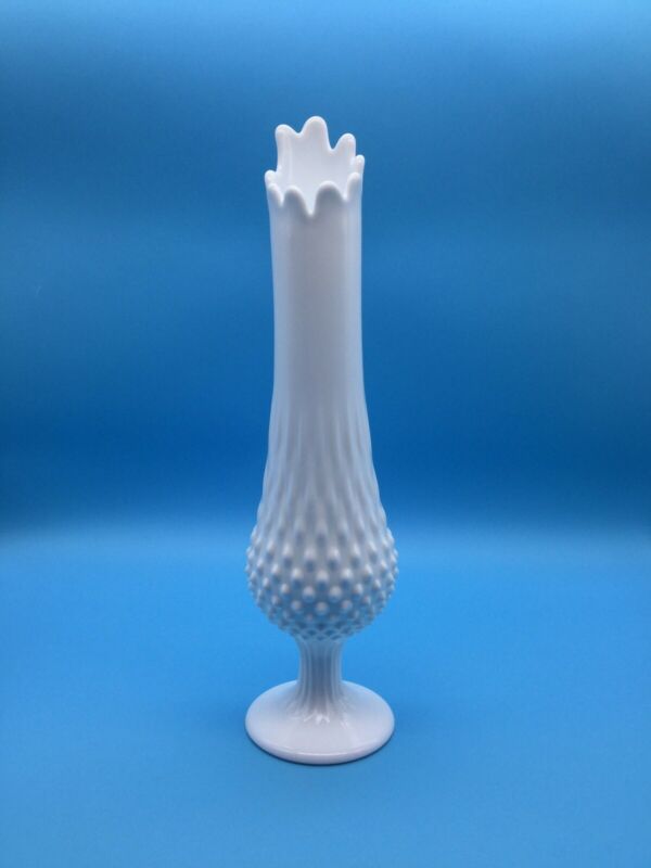 Vintage Fenton Hobnail White Milk Glass Swung Vase Stretch Pulled