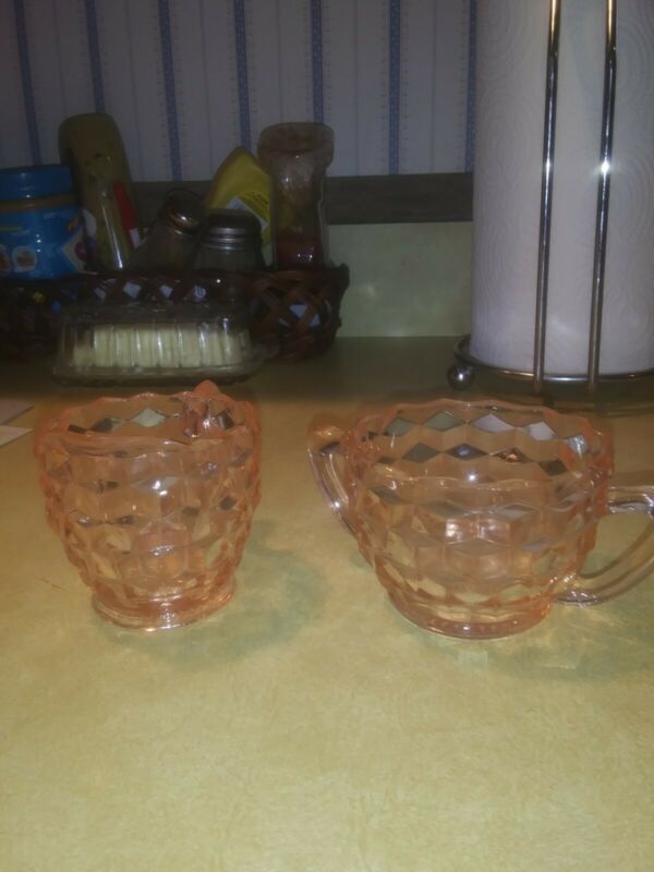 Mid Century Depression Glass Pink Sugar Bowl And Creamer And Plates