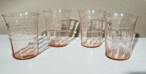 Set Of 4 Delicate Pink Depression Glass Etched 8 Oz Tumblers Antique