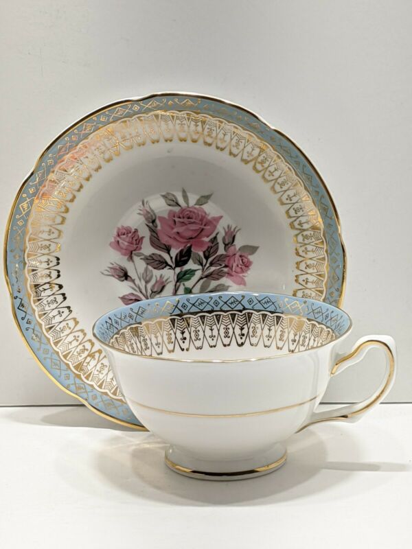 Royal Grafton Bone China Sky Blue And Wide Gold Lace Tea Cup Saucer