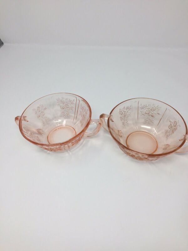 Sharon Cabbage Rose Pink Depression Glass Cream Soup Bowl Antique