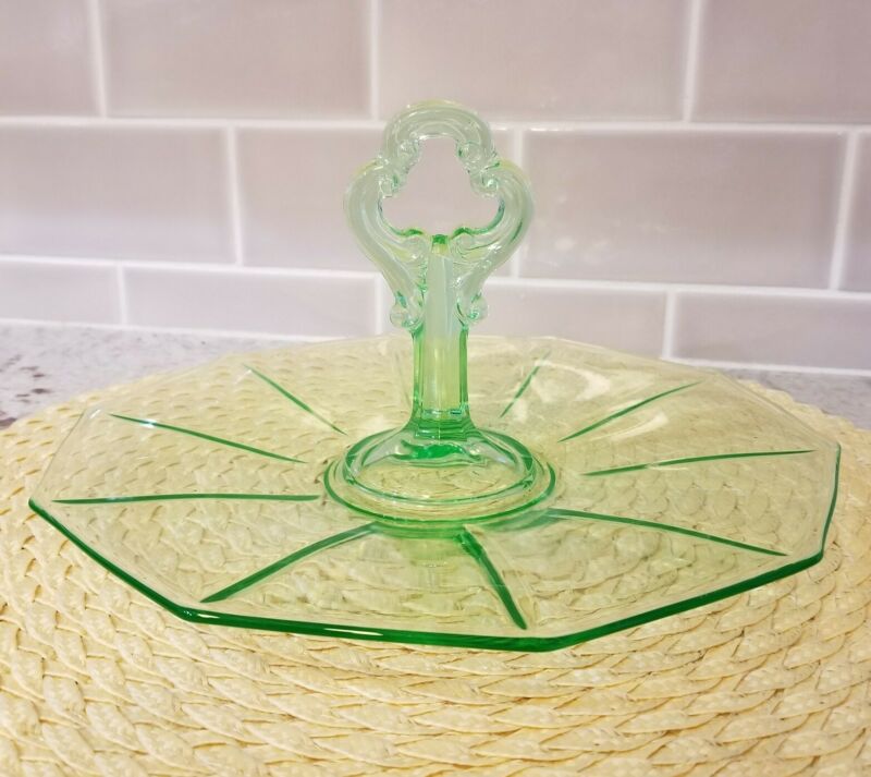 Vintage Uranium Green Depression Glass Tidbit Serving Tray With Handle