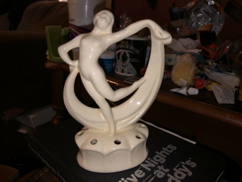 Antique Art Deco Nouveau White Pottery Nude Woman Dancer Flower Frog