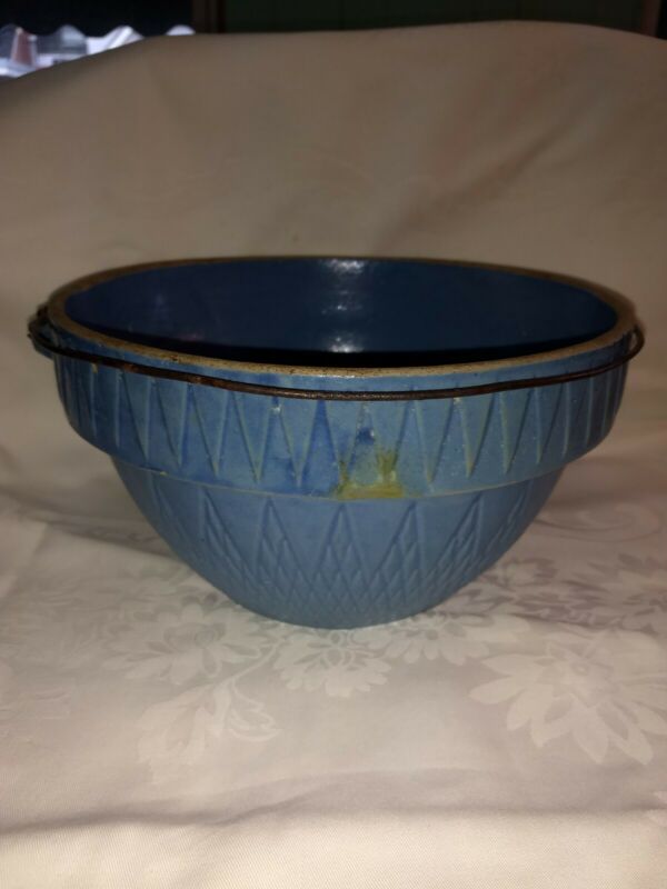 Vintage Pottery Stoneware Crock Blue Bowl With Wire Handle Antique