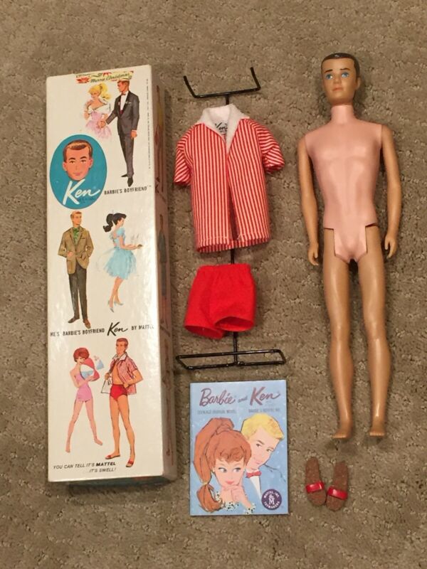 Vintage Brunette Painted Hair Ken Doll W Oss Box Stand Sandals A