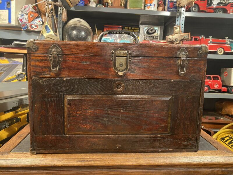 Vintage Oak Wood Machinists Tool Chest Box By Union Steel Chest Co