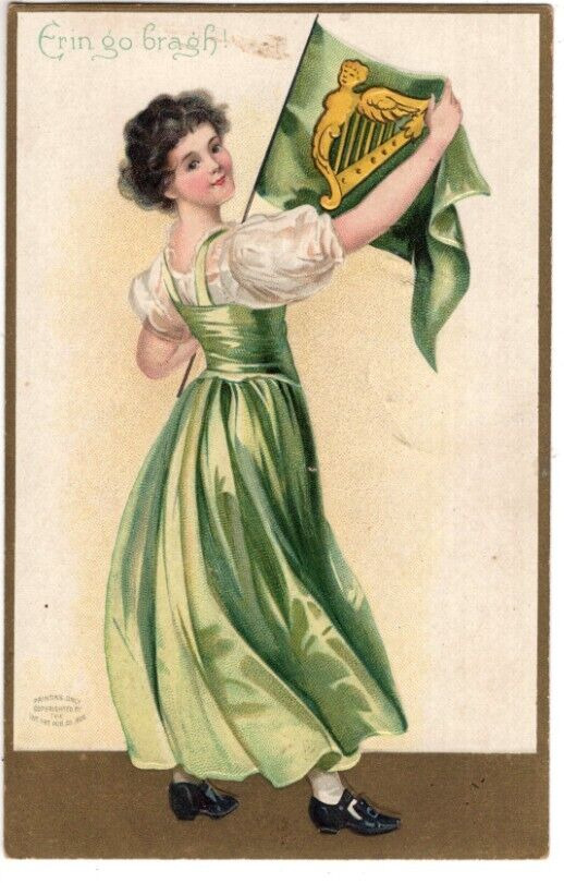 Antique Embossed St Patricks Day Postcard Irish Lass Holding Flag