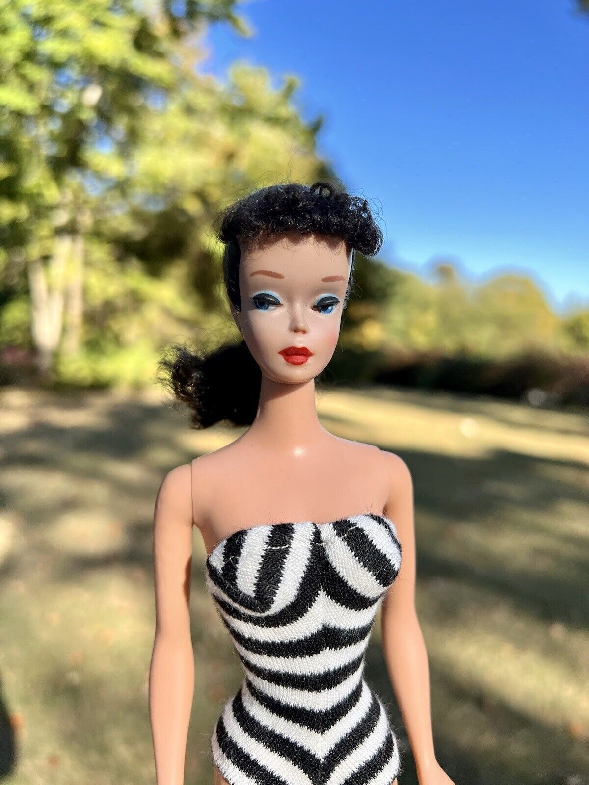 Vintage Barbie 4 1960 Brunette Ponytail Doll In Original Swimsuit