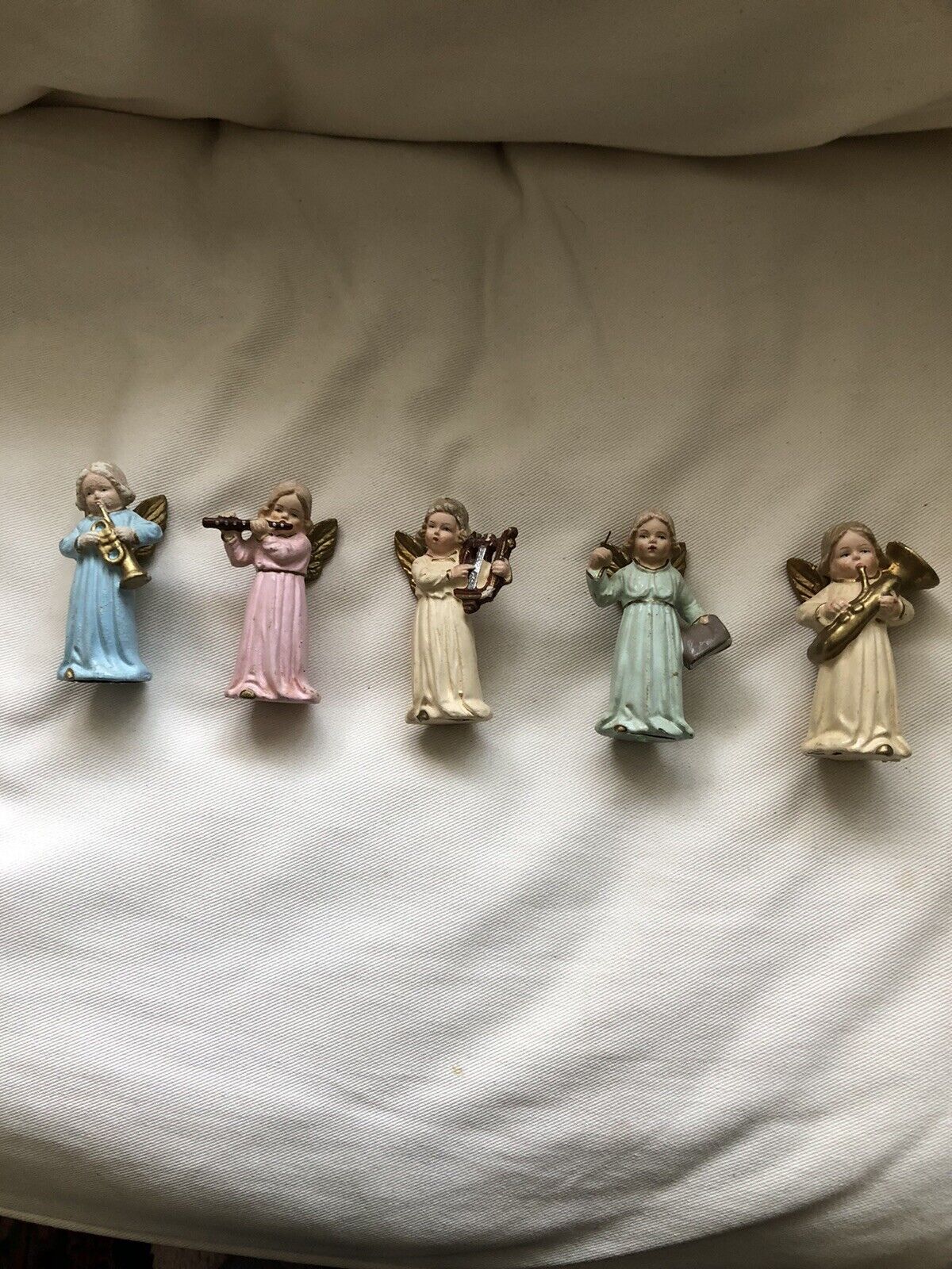 Five Antique Angels Figurines W Musical Instruments W Germany Pastel