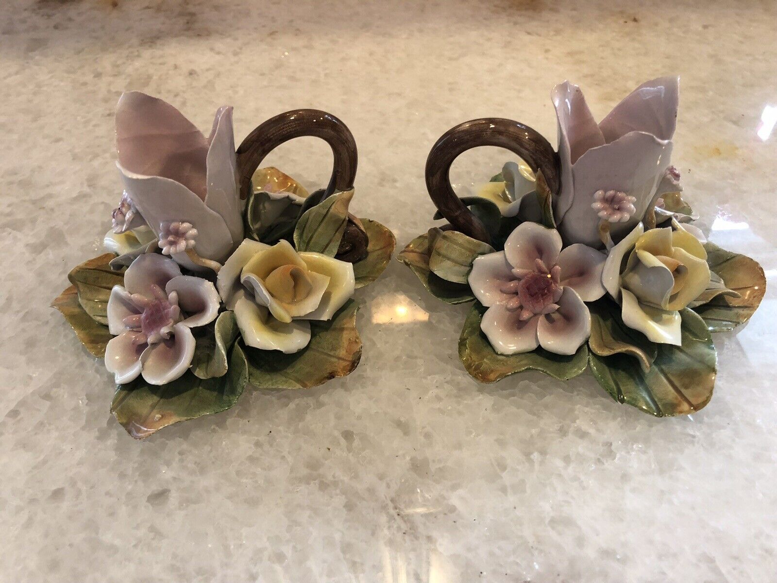 Vtg Set Of Capodimonte Porcelain Tulip And Flowers Candle Holders